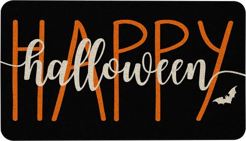 Vista 23 de Mloabuc® Felpudo de Halloween para puerta delantera, fantasma negro, parte trasera de goma antideslizante, diseño de calavera de feliz Halloween