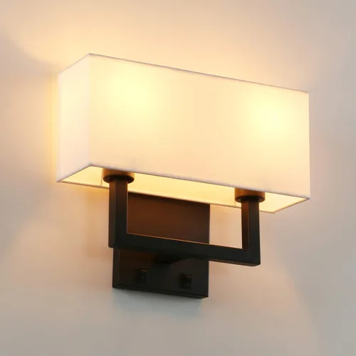 Vista 11 de PERMO Aplique de pared con acabado dorado antiguo, doble aplique con pantallas textiles blancas y botón de encendido y apagado para sala de estar