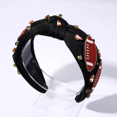 Vista 3 de Diademas anudadas de fútbol para mujer, diadema deportiva para el día del juego, diadema de cristal perlado con nudo superior ancho, accesorios