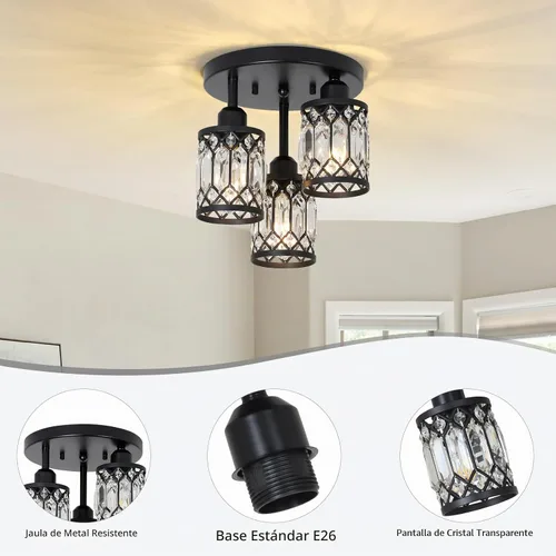 Vista 4 de PAUFUL Lámpara de Techo Semiempotrada, Lámparas de Techo Modernas de Cristal de 3 Luces Cerca del Techo, Lámparas de Cocina Negras con Pantalla