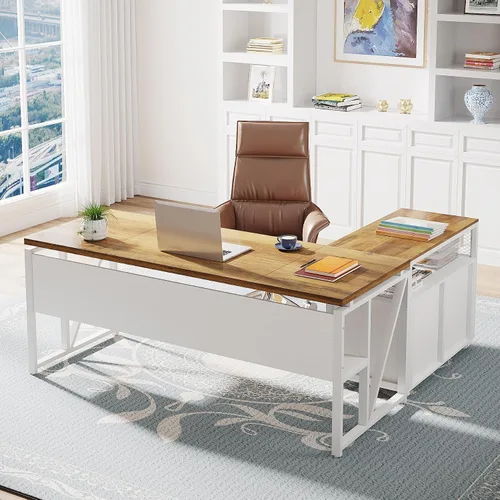 Vista 10 de Tribesigns Escritorio en forma de L de 55 pulgadas con cajón, escritorio ejecutivo para computadora y archivador lateral, 2 piezas de muebles