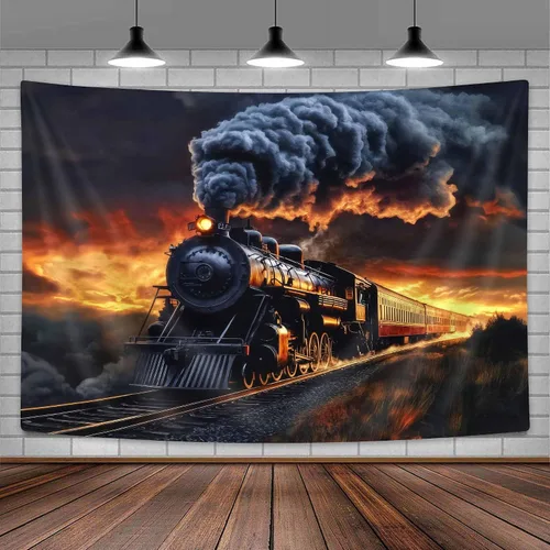 Vista 8 de Tapiz de Tren de Vapor, Tapices de Paisaje Otoñal de Tren de Motor Antiguo Decoración para Niños, Tapices de Arte de Acuarela de Bosque de Montaña