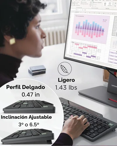 Vista 7 de Lenovo 800 Teclado Bluetooth Autocargable, Utiliza Luz Ambiental para la Carga, Bluetooth 5.1, Soporta 3 Dispositivos, Sin Batería, Inalámbrico, Gris