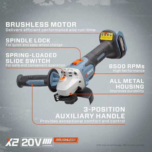 Vista 6 de SENIX PAX2125-M2-0 X2 - Herramienta de amoladora angular sin escobillas de 5 pulgadas, 8500 RPM máximo, mango auxiliar de 3 posiciones, interruptor