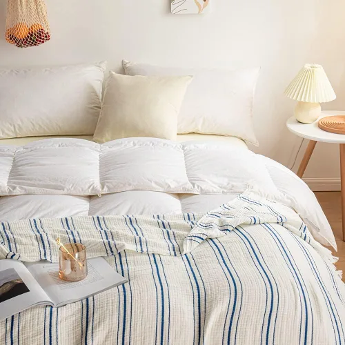 Vista 9 de Simple&Opulence Manta de muselina de algodón a rayas teñidas para cama, sofá, manta tejida de punto con borlas, suave, ligera, acogedora, prelavada