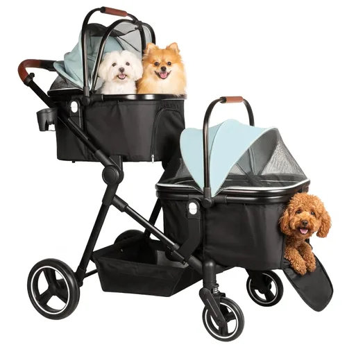 Vista 9 de Carriola doble plegable para mascotas para 2 gatos y perros pequeños y medianos, carriola integrada ligera para mascotas, individual y doble