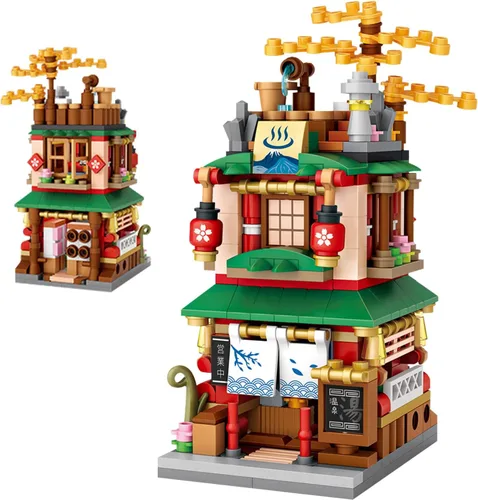 Vista 6 de ELAICREE Bloques de Construcción de Casa de Juguete con Vista de Calle Japonesa, 4 Modelos Mini Bloques de Construcción DIY Modelo MOC Juguete