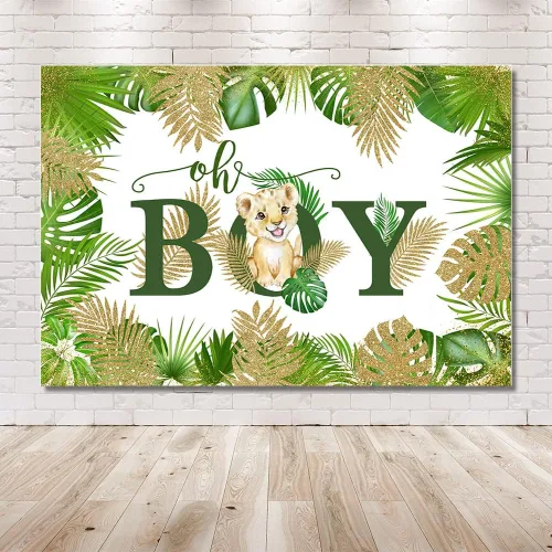 Vista 6 de MEHOFOND Cartel de fondo de baby shower con temática de safari en la selva de 7 x 5 pies, Oh Boy, animales del bosque, vegetación, fondo de león