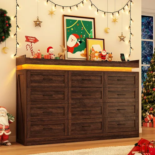 Vista 8 de Cómoda grande de 180 cm de ancho por 117 cm de alto con 12 cajones estilo granja para dormitorio con luz LED y tomas de corriente, cómoda de madera
