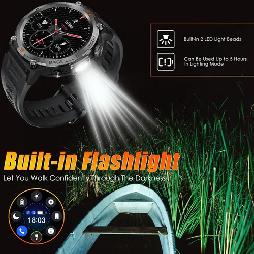 Vista 2 de Reloj inteligente militar para hombres táctico resistente Bluetooth llamada Negro