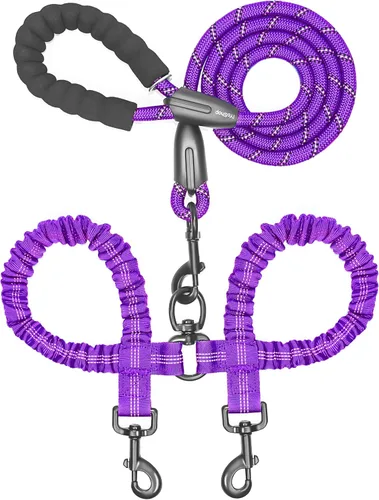 Vista 22 de iYoShop Correa doble para perro, giratoria de 360°, correa para caminar sin enredos con elástico absorbente de golpes para dos perros