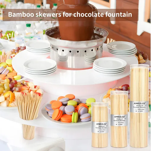Vista 4 de Brochetas de madera de bambú de 6 pulgadas para barbacoa, kabob, aperitivo, fruta, salchicha, fuente de chocolate, palitos de brocheta de barbacoa