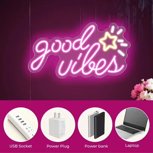 Vista 7 de Letrero de neón Good Vibes, 16 x 8.6 pulgadas, letreros de neón para decoración de pared con interruptor regulable, alimentado por USB, luces
