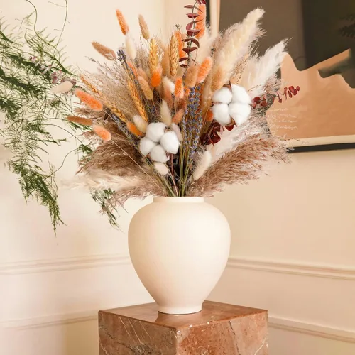 Vista 7 de Ramo de flores secas de otoño, decoración de otoño bohemia con hierba de pampas, algodón y colas de conejo naranja, arreglo floral de otoño