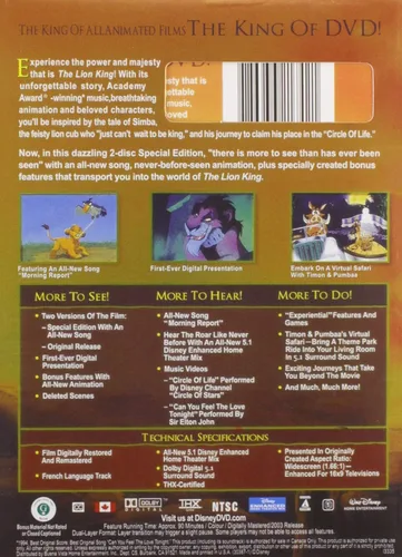 Vista 2 de El Rey León edición de platino 2003 en DVD set de 2 discos tiene una canción totalmente nueva idioma español no garantizado