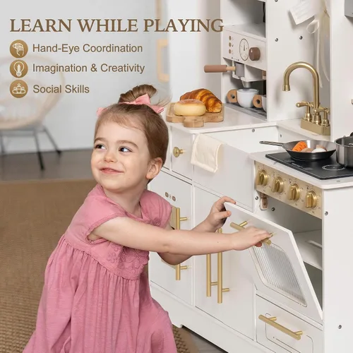 Vista 9 de ROBOTIME Juego de cocina de madera para niños pequeños y niños, juego de cocina de juguete con máquina de hielo y cafetera, juego de cocina realista