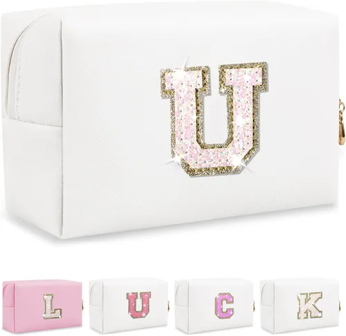 Vista 9 de Bolsa de maquillaje con parche de letra inicial personalizada, bolsa de cosméticos de chenilla preppy con letra de chenilla con cremallera, Y