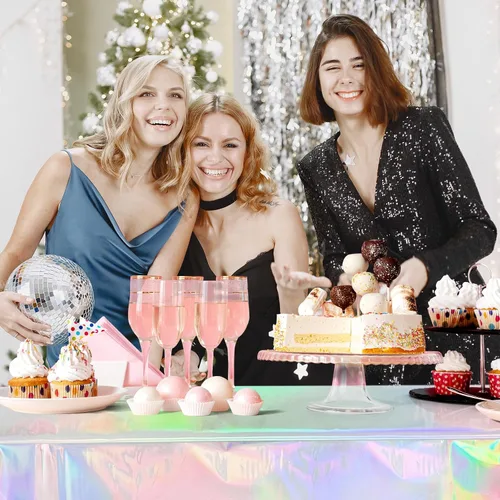 Vista 5 de Mantel holográfico iridiscente de 54 x 108 pulgadas, de plástico brillante con láser, para fiesta de cumpleaños, impermeable, para Navidad, boda