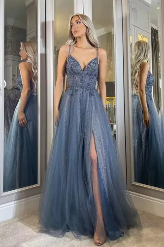 Vista 3 de Vestidos de fiesta de tul con purpurina, apliques de encaje, cuello en V, vestidos largos de noche con tirantes delgados, con abertura