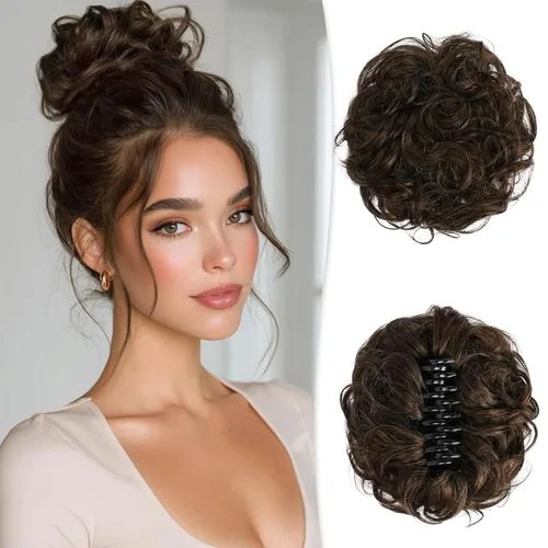 Vista 34 de RUWISS Extensiones de cabello humano real, ondulado y rizado, moño despeinado, cola de caballo para mujer (12H24# castaño rojo/rubio mediano)