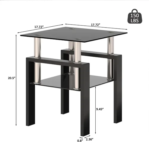 Vista 2 de Mesa auxiliar de cristal moderna para sofá, mesa de centro pequeña negra, mesa de sala de estar, mesita de noche cuadrada, patas de metal de vidrio