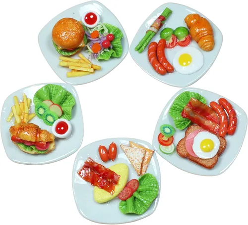 Vista 3 de Juego de comida para el desayuno en miniatura hecha a mano, 5 platos surtidos, accesorios de comida de arcilla seca al aire, escala 1:6, platos