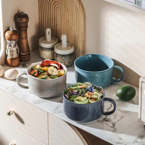 Vista 5 de Tazón de sopa de cerámica con asa, 38 onzas, apto para microondas, color gris Extra Large Mug for Oatmeal, Cereal, Breakfast, Meal Prep, Work