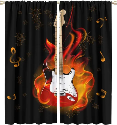 Vista 56 de Cortinas de música rock para adolescentes, tratamiento de ventana de guitarra electrónica para dormitorio, sala de estar, cortinas de ventana