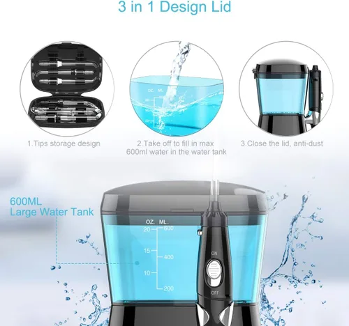 Vista 6 de TUREWELL Irrigador oral de hilo dental con agua, limpiador dental de 21.1 fl oz, 10 presiones ajustables, irrigador oral eléctrico para aparatos