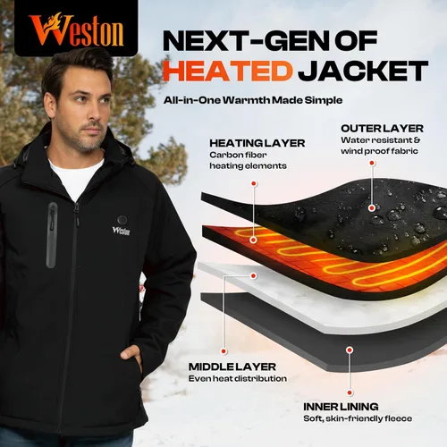 Vista 3 de WESTON Abrigo térmico para hombre, 4 zonas de calefacción, 7.4 V, batería recargable de 4800 mAh, 3 niveles de calor ajustables