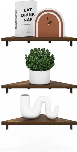 Vista 11 de Furinno Rossi - Estantes flotantes hexagonales para pared, juego de 2 estantes geométricos de esquina, estantes montados en la pared para baño, Pino