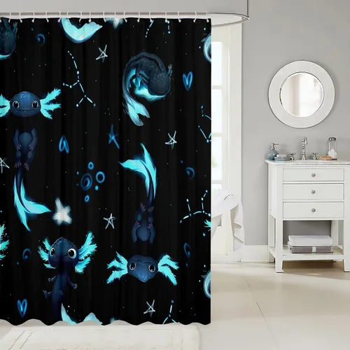 Vista 2 de Homewish Cortina de ducha con diseño de ajolote negro y azul, juego de cortina de ducha para niños y adultos, diseño de animales kawaii, cortina