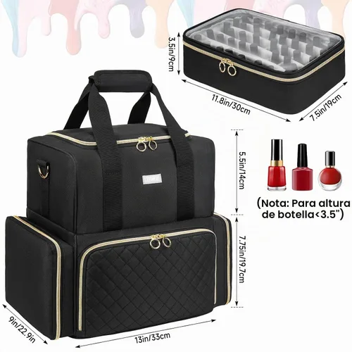 Vista 6 de Organizador de esmalte de uñas con capacidad para 80 botellas y una lámpara de uñas, estuche de transporte de esmalte de uñas con 2 bolsas Negro