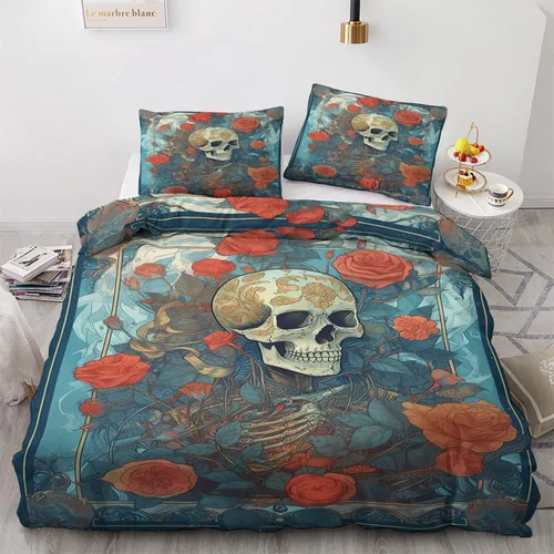 Vista 13 de Juego de funda de edredón tamaño individual Juego de cama de calavera de flores Patrón de esqueleto 2 piezas Funda de edredón de microfibra