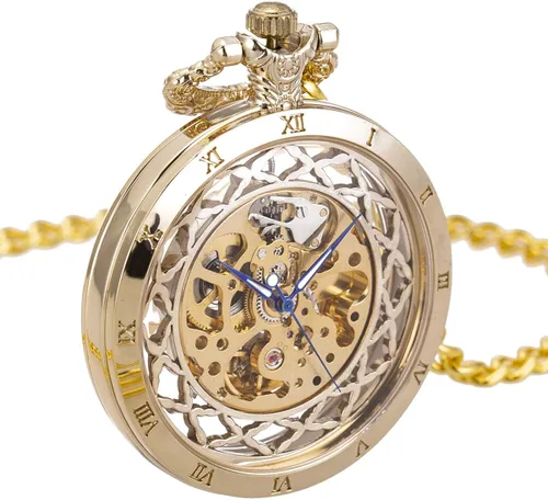 Vista 2 de ManChDa Reloj de bolsillo mecánico vintage negro con cadena para hombres + caja