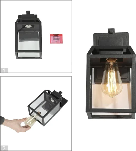 Vista 8 de Luces de pared negras para exteriores, apliques de pared exterior de granja con vidrio transparente, faroles cuadrados modernos impermeables