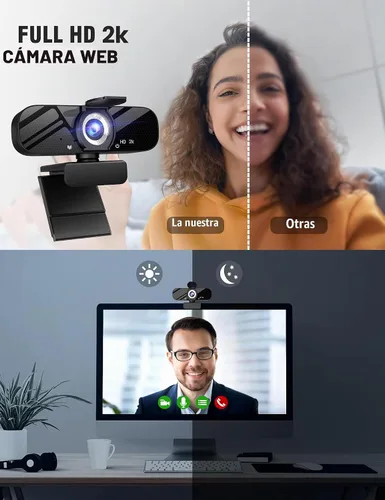 Vista 2 de Tewiky Cámara web Full HD con micrófono integrado y trípode giratorio, video 2K y cámara gran angular, cubierta de privacidad, para PC de escritorio