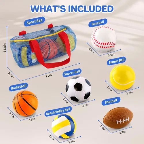 Vista 2 de Pelotas de juguete de regalo para niños pequeños de 3, 4, 5 años, 6 pequeñas bolas deportivas de espuma para bebé con pelota de fútbol soccer