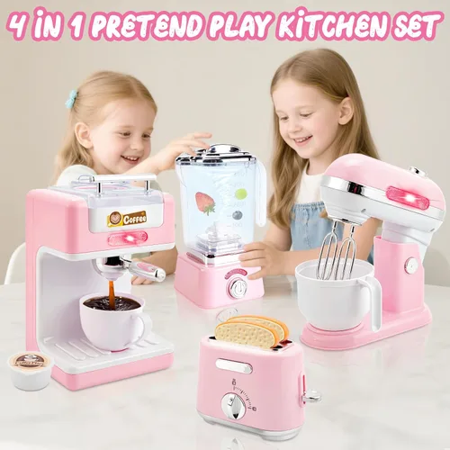 Vista 6 de Accesorios de Cocina de Juguete, Electrodomésticos de Cocina de Juguete con Cafetera, Batidora, Tostadora y Licuadora, Set de Juego de Cocina