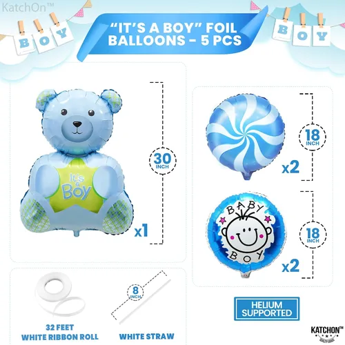 Vista 4 de KatchOn, Globos de oso de peluche para baby shower, paquete de 5, color azul, 30 pulgadas, It's A Boy, oso de peluche, decoraciones de baby shower