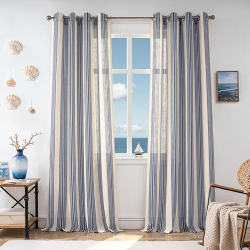Vista 69 de DriftAway Cortinas de estilo granja con rayas verticales de lino mezclado texturizado con filtro de luz semitransparente para sala de estar