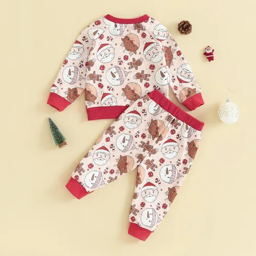 Vista 3 de Conjunto de 2 piezas de sudadera con diseño de Papá Noel, muñeco de nieve, alce y Papá Noel, ropa de otoño e invierno