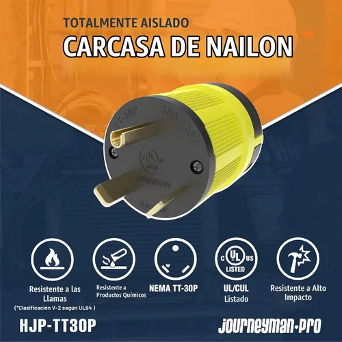 Vista 2 de Journeyman-Pro NEMA TT-30P, 30 amperios, 125 voltios, conector macho de hoja recta para remolque de RV, grado industrial, negro/amarillo, generador