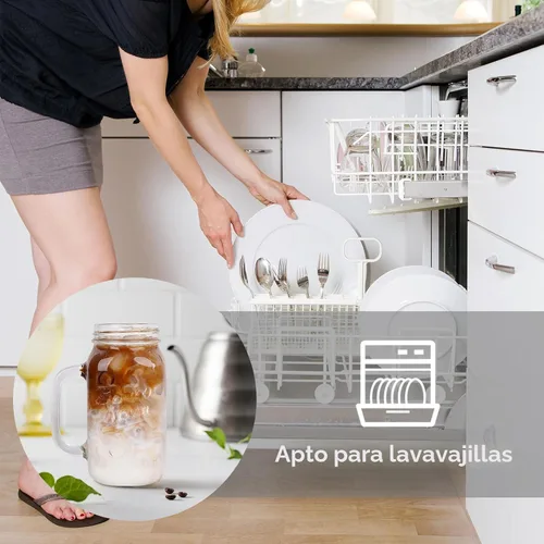 Vista 4 de ANOTION Tarro Mason con Tapa y Pajita, Tarros Mason de Boca Regular de 24 oz con Asa, Vasos para Beber, Vaso Tipo Tumbler, Tazas Reutilizables