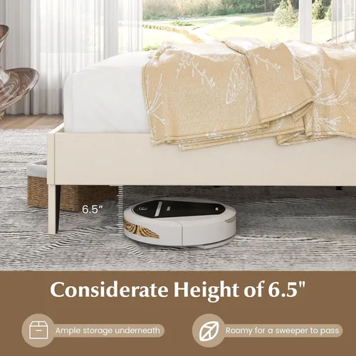 Vista 11 de Giantex Base de cama tamaño Queen color beige, plataforma tapizada de tela de lino con cabecera de clavos, base de colchón con botones y listones