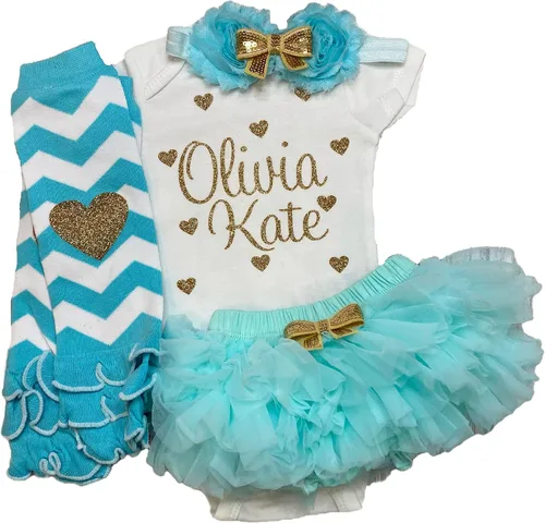 Vista 10 de Traje personalizado de baby girl para baby shower, con nombre personalizado con purpurina y corazón, tutú con diadema y calentadores de piernas