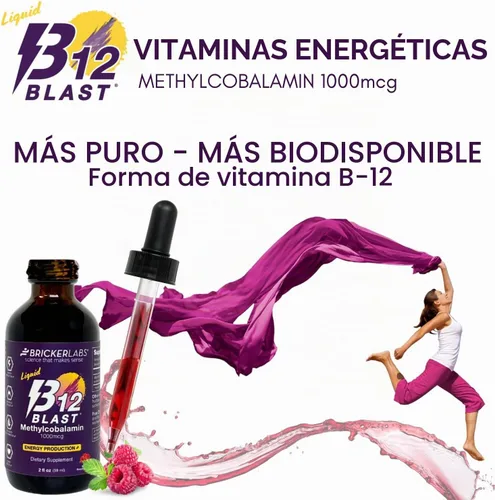 Vista 2 de Bricker Labs B12 Blast Metilcobalamina 1000mcg, vitaminas energéticas líquidas sublinguales de gran sabor - Vitaminas B12 veganas, energía sostenida