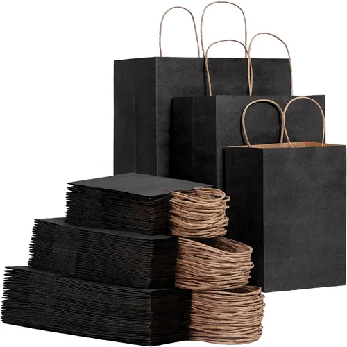 Vista 10 de FACEBAG Paquete de 90 bolsas de papel kraft negro con asas a granel, bolsas de regalo de varios tamaños para favores, comestibles, venta al por
