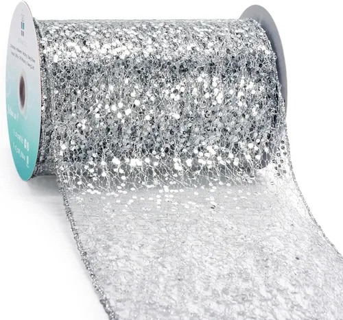 Vista 11 de Cinta con alambre de malla brillante con purpurina de 6 x 10 yardas, color negro para decoración del hogar, lazo para envolver regalos