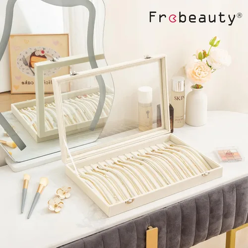 Vista 2 de Frebeauty Organizador de collares de 15 ganchos, bandeja de terciopelo con Beige